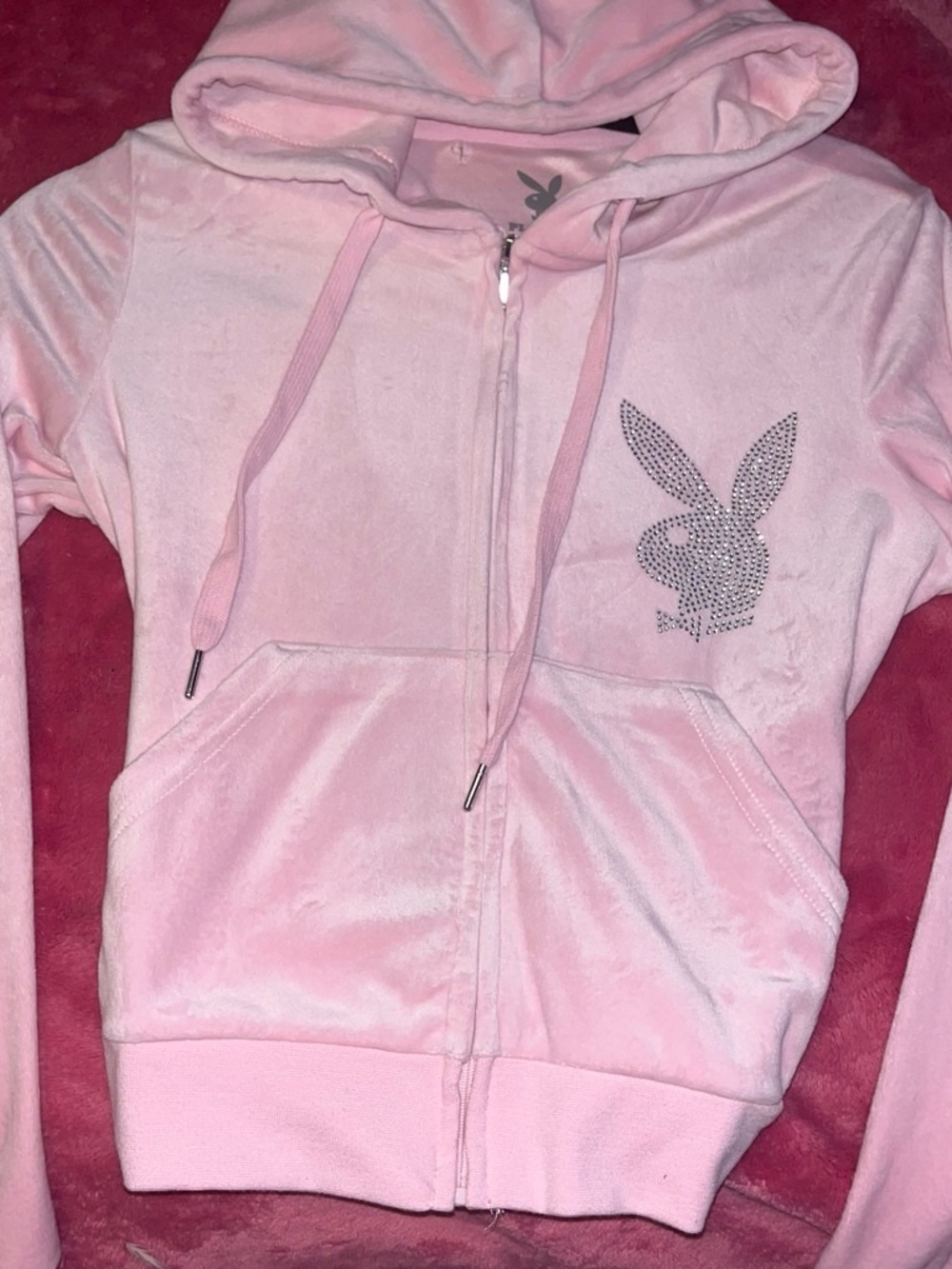 PLAYBOY Pink Velour Rhinestone Bunny Zip Hoodie
